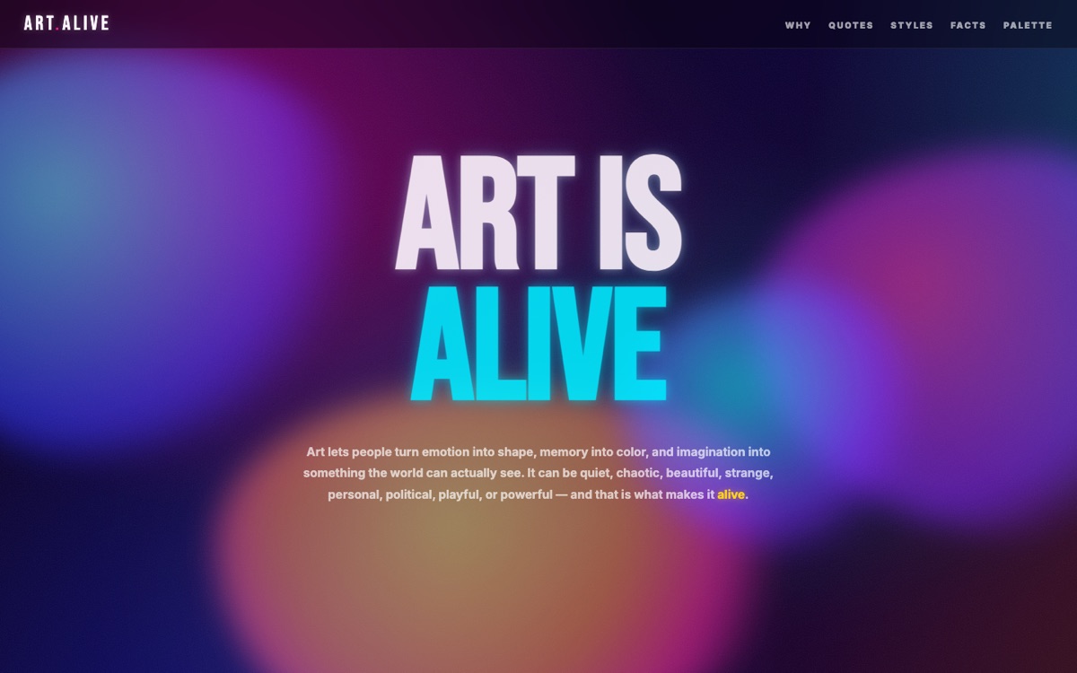 Sección principal del sitio web conceptual Art Is Alive: el título sobre manchas de color luminosas que se desplazan