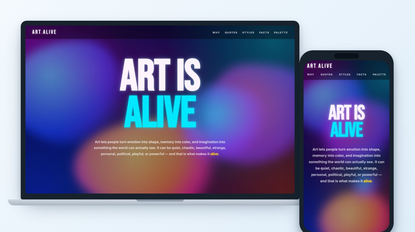 Art Is Alive concept website shown on a laptop and a phone
