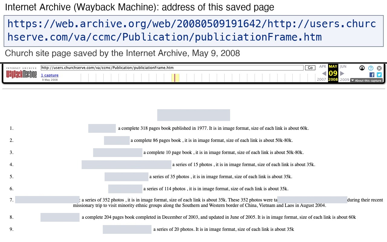 Church website page saved by the Internet Archive on May 9, 2008, with its web address shown at the top: an index of digitized books and photo collections, listing four books of 318, 86, 10 and 204 pages and five photo series