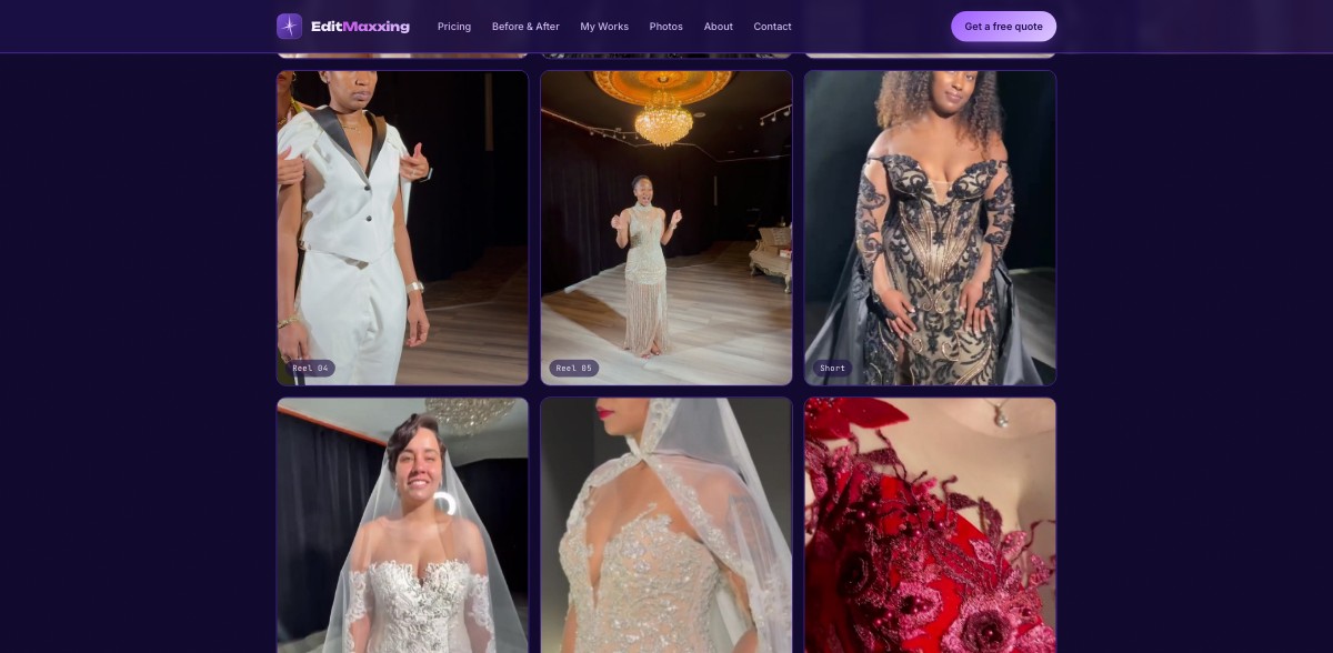 EditMaxxing.com recent works gallery, second and third rows: Tuxedo Fitting, Gown Reel, Bridal Beading, Floral Appliqu&eacute;, Sequin Fitting and Statement Lace