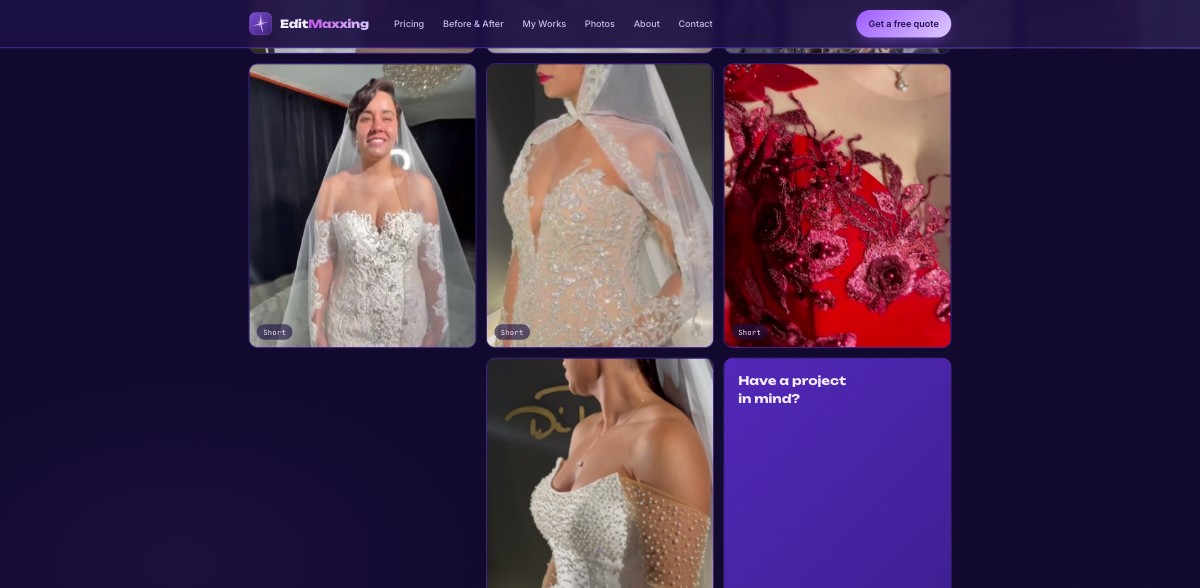 EditMaxxing.com recent works gallery, third and fourth rows: Floral Appliqu&eacute;, Sequin Fitting, Statement Lace and Veil Profile