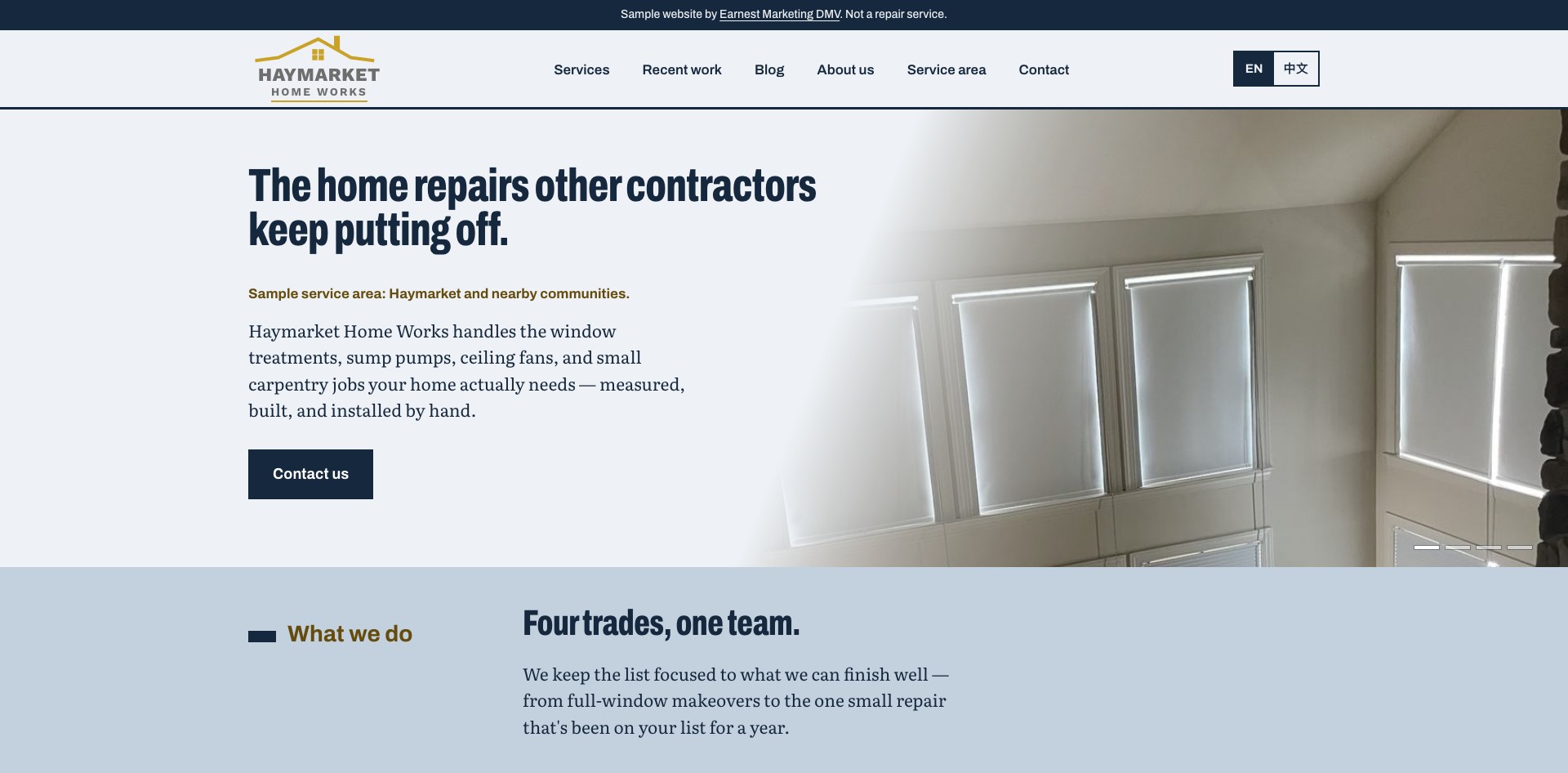 Haymarket Home Works sample website homepage, with the banner: Sample website by Earnest Marketing DMV. Not a repair service.
