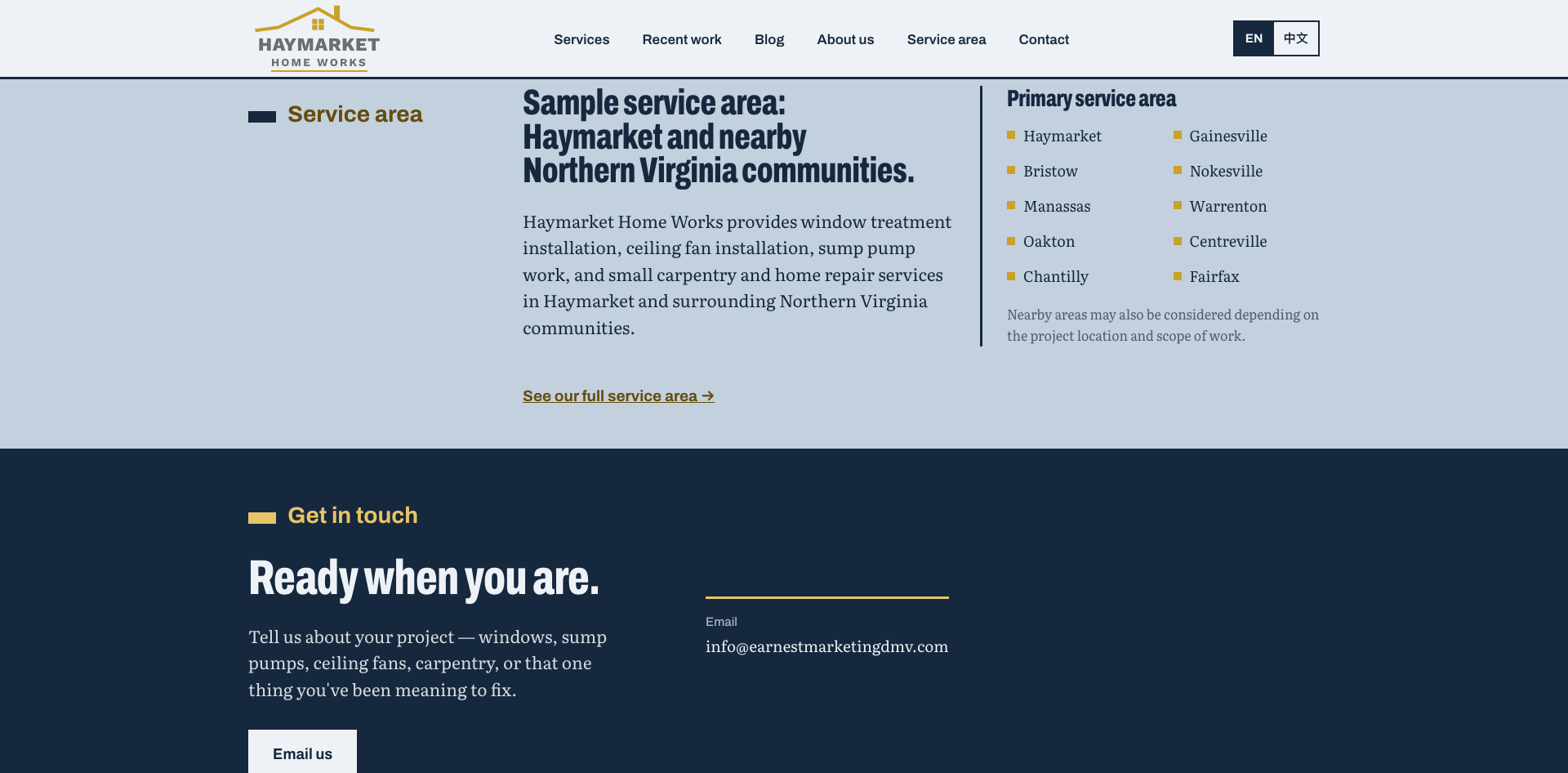 Haymarket Home Works service area and contact section