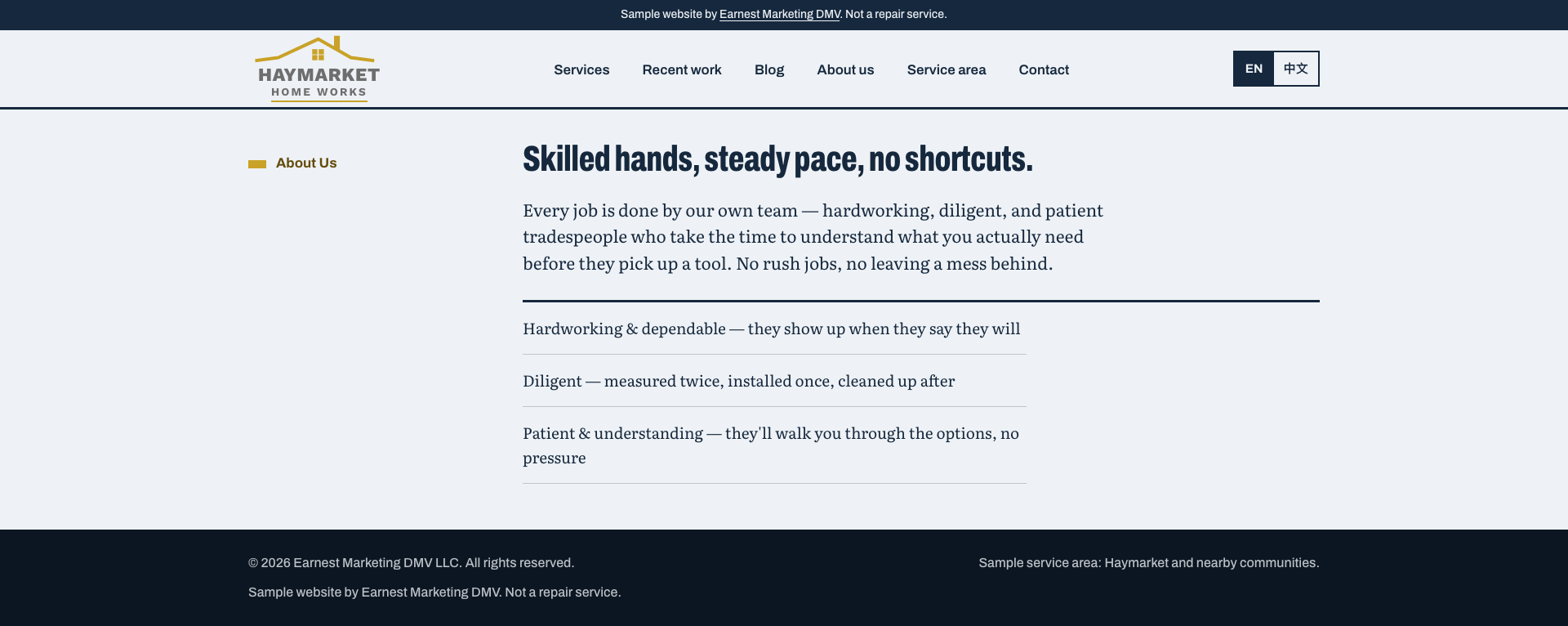 Haymarket Home Works sample website: About us page