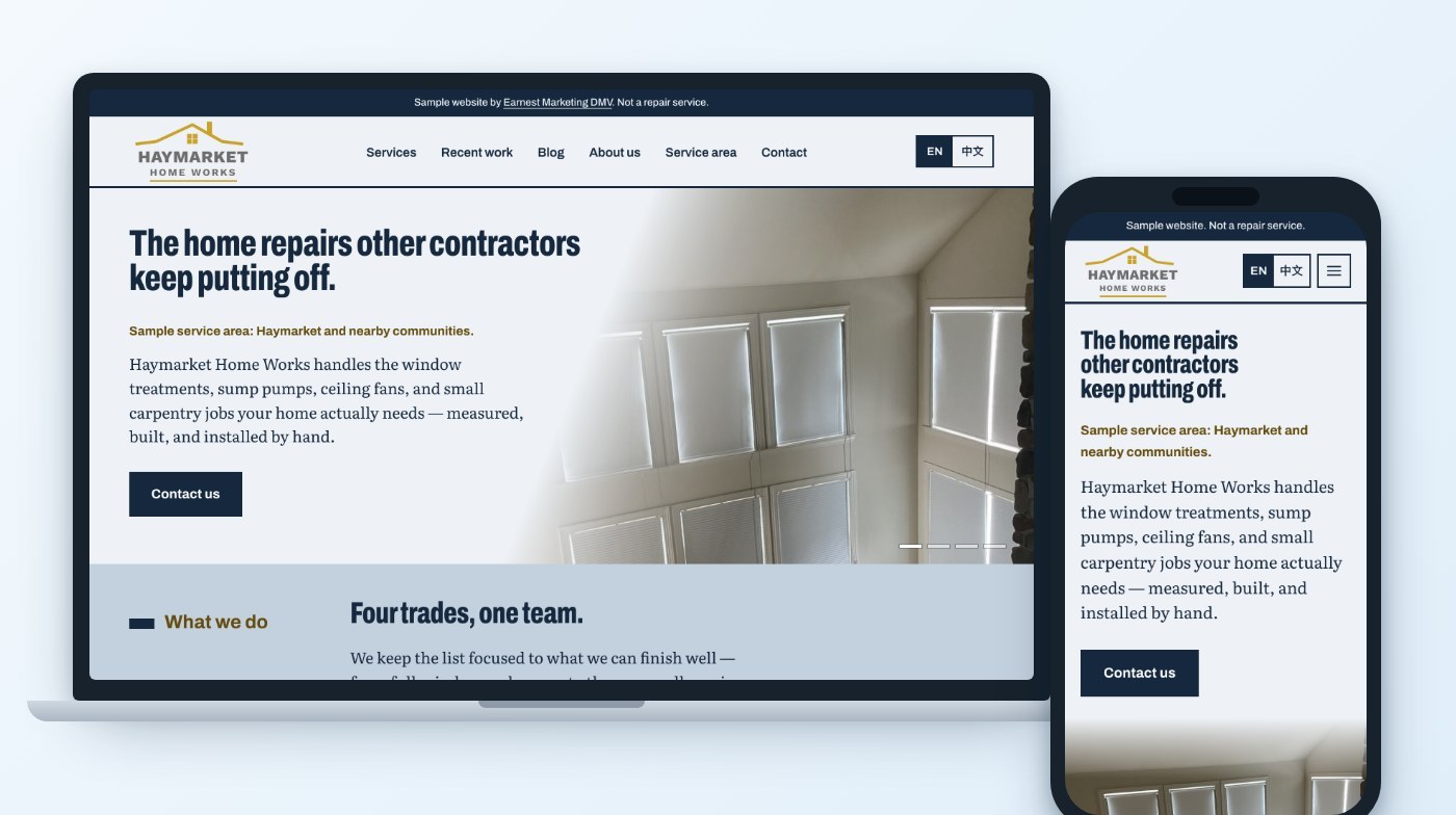 Haymarket Home Works sample website shown on a laptop and a phone