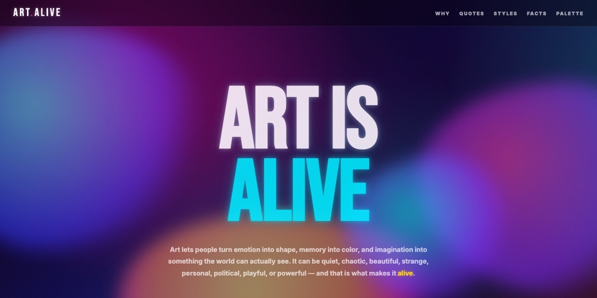 Portada del sitio web conceptual de Art Is Alive: el título sobre manchas de color brillantes que se desplazan lentamente