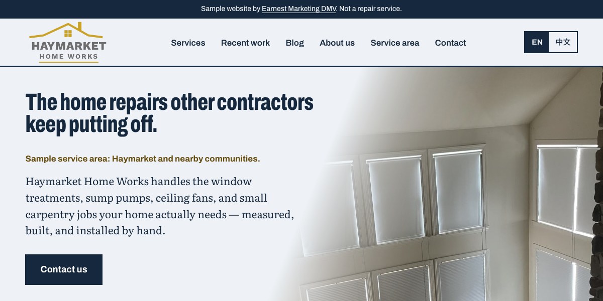 Haymarket Home Works sample website homepage, with a banner saying it is a sample website